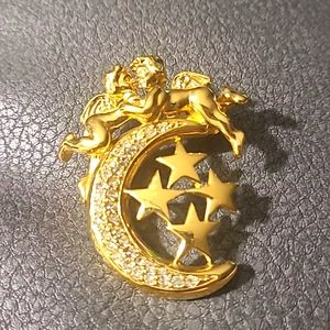 Vintage Cherubs Half Moon & Stars Brooch